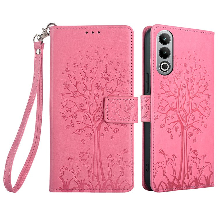 For OnePlus Nord CE4 5G Case PU Leather Stand Bookstyle Phone Cover Deer Tree Imprinted - Pink