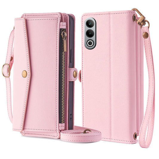 For OnePlus Nord CE4 5G Case Zipper Wallet Stand Leather Phone Cover with Adjustable Lanyard - Pink