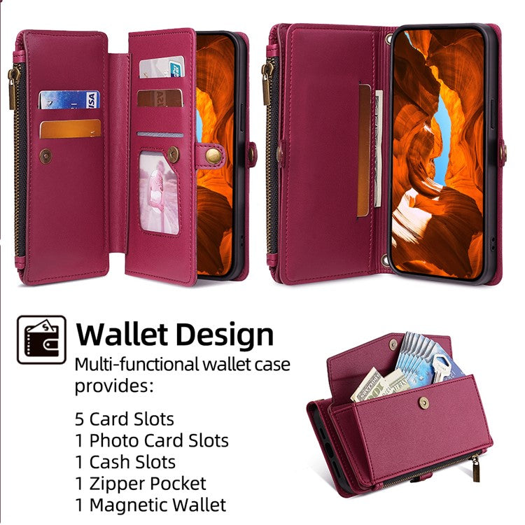 For OnePlus Nord CE4 5G Case Zipper Wallet Stand Leather Phone Cover with Adjustable Lanyard - Red