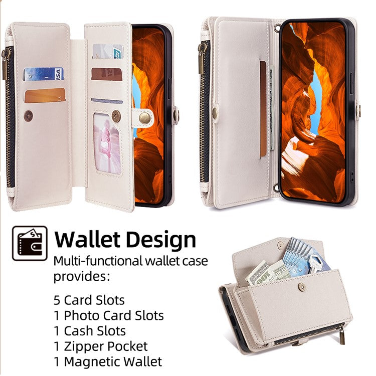 For OnePlus Nord CE4 5G Case Zipper Wallet Stand Leather Phone Cover with Adjustable Lanyard - White
