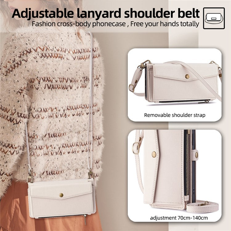 For OnePlus Nord CE4 5G Case Zipper Wallet Stand Leather Phone Cover with Adjustable Lanyard - White