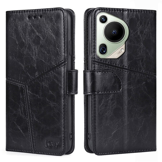 For Huawei Pura 70 Ultra Case PU Leather Bookstyle Folding Stand Geometric Splicing Phone Cover - Black