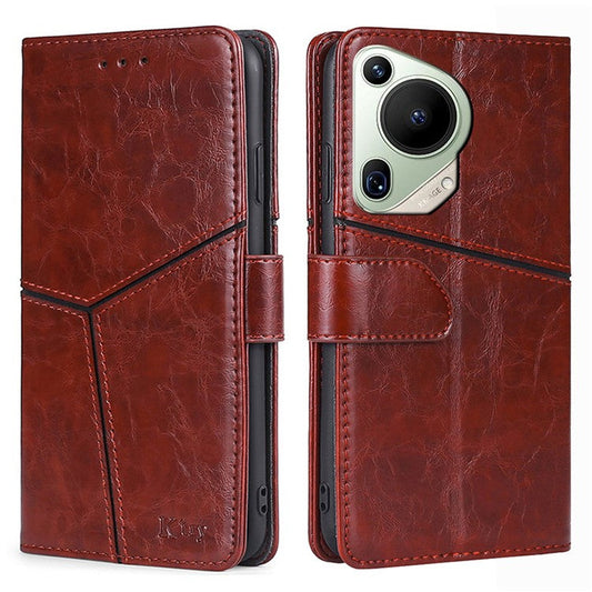 For Huawei Pura 70 Ultra Case PU Leather Bookstyle Folding Stand Geometric Splicing Phone Cover - Dark Brown