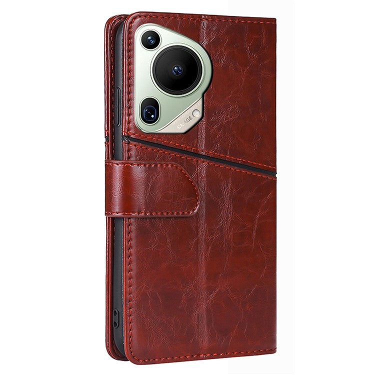 For Huawei Pura 70 Ultra Case PU Leather Bookstyle Folding Stand Geometric Splicing Phone Cover - Dark Brown