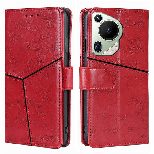 For Huawei Pura 70 Ultra Case PU Leather Bookstyle Folding Stand Geometric Splicing Phone Cover - Red