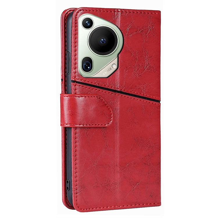 For Huawei Pura 70 Ultra Case PU Leather Bookstyle Folding Stand Geometric Splicing Phone Cover - Red