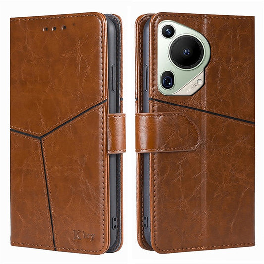 For Huawei Pura 70 Ultra Case PU Leather Bookstyle Folding Stand Geometric Splicing Phone Cover - Light Brown