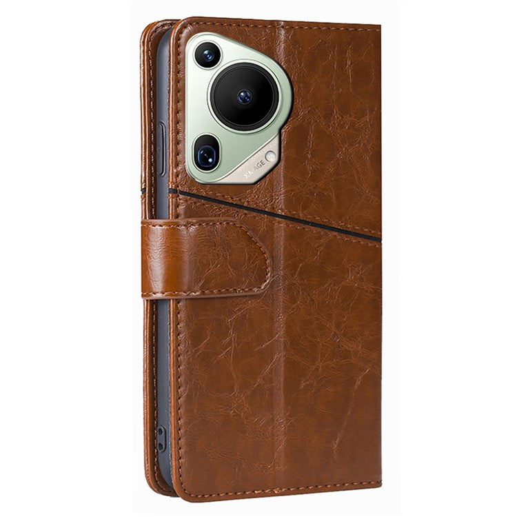 For Huawei Pura 70 Ultra Case PU Leather Bookstyle Folding Stand Geometric Splicing Phone Cover - Light Brown