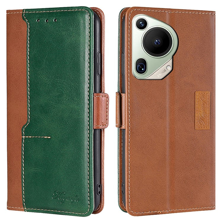 For Huawei Pura 70 Ultra Dual Color Splicing Case Leather Wallet Phone Cover - Light Brown+Green