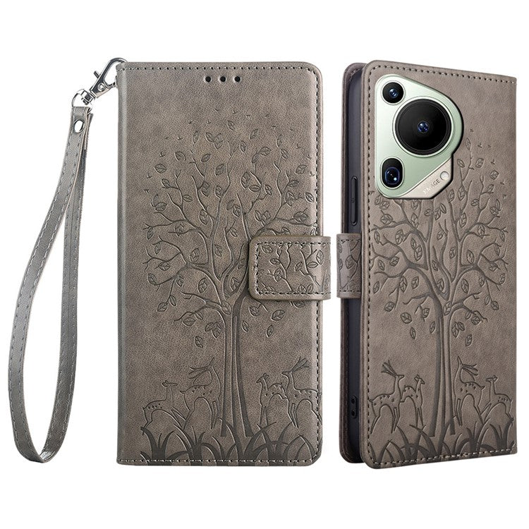 For Huawei Pura 70 Ultra Case PU Leather Wallet Stand Floral Phone Cover with Hand Strap - Grey