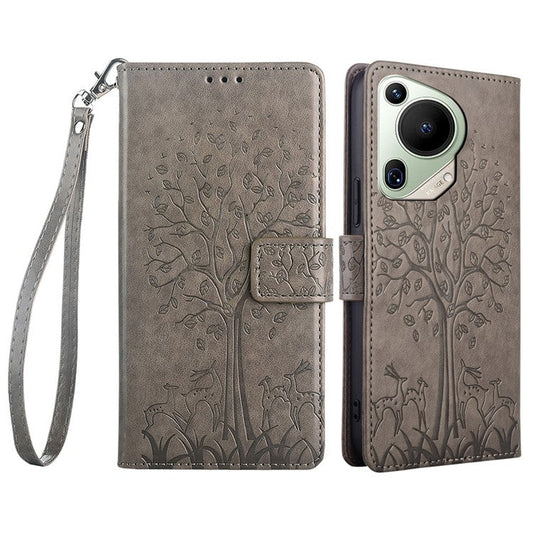 For Huawei Pura 70 Ultra Case PU Leather Wallet Stand Floral Phone Cover with Hand Strap - Grey
