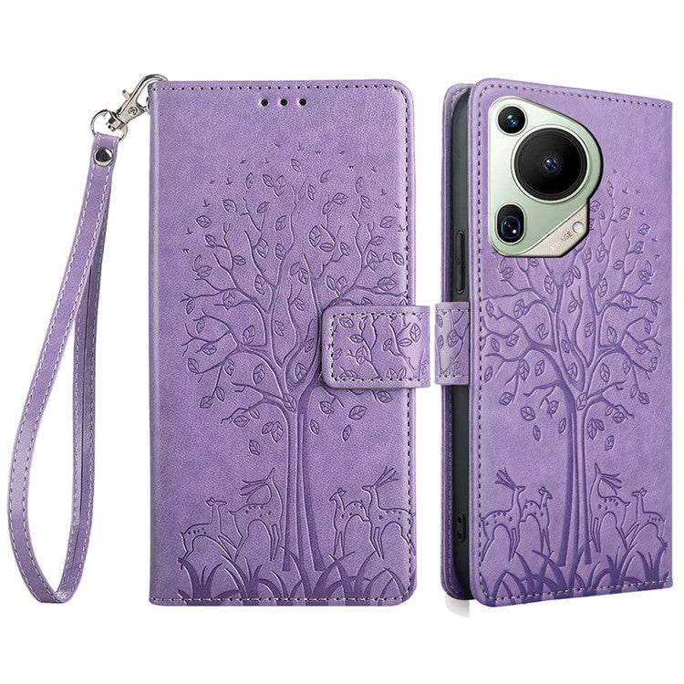 For Huawei Pura 70 Ultra Case PU Leather Wallet Stand Floral Phone Cover with Hand Strap - Purple