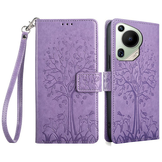 For Huawei Pura 70 Ultra Case PU Leather Wallet Stand Floral Phone Cover with Hand Strap - Purple