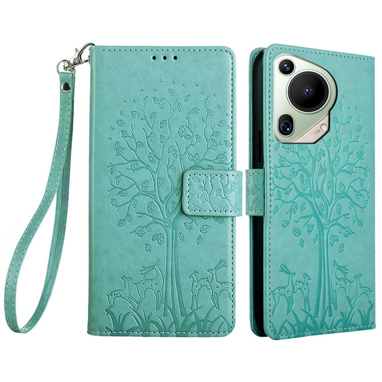 For Huawei Pura 70 Ultra Case PU Leather Wallet Stand Floral Phone Cover with Hand Strap - Green