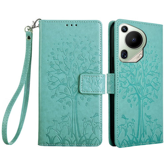 For Huawei Pura 70 Ultra Case PU Leather Wallet Stand Floral Phone Cover with Hand Strap - Green