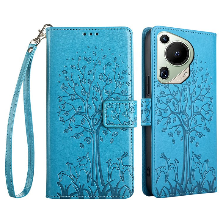 For Huawei Pura 70 Ultra Case PU Leather Wallet Stand Floral Phone Cover with Hand Strap - Blue