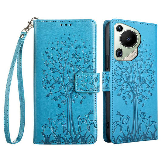 For Huawei Pura 70 Ultra Case PU Leather Wallet Stand Floral Phone Cover with Hand Strap - Blue