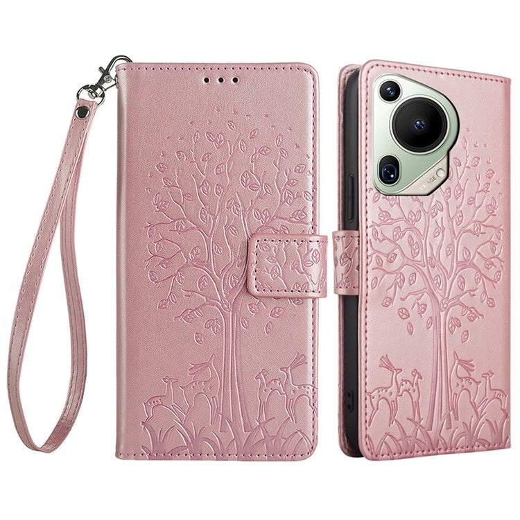 For Huawei Pura 70 Ultra Case PU Leather Wallet Stand Floral Phone Cover with Hand Strap - Rose Gold