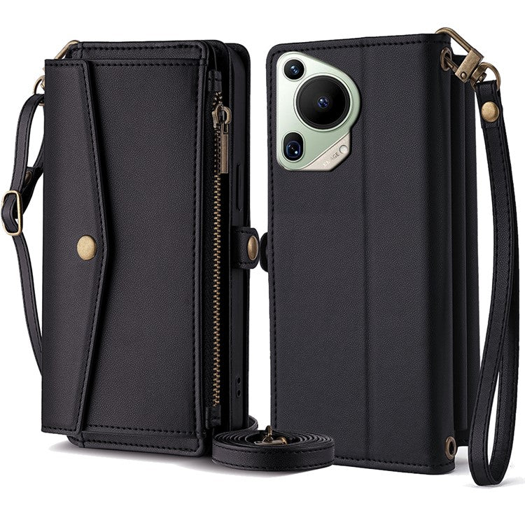 For Huawei Pura 70 Ultra Cell Phone Case Zipper Pocket Leather Wallet Stand Cover with 2 Straps - Black
