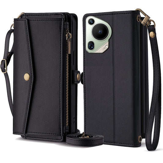 For Huawei Pura 70 Ultra Cell Phone Case Zipper Pocket Leather Wallet Stand Cover with 2 Straps - Black