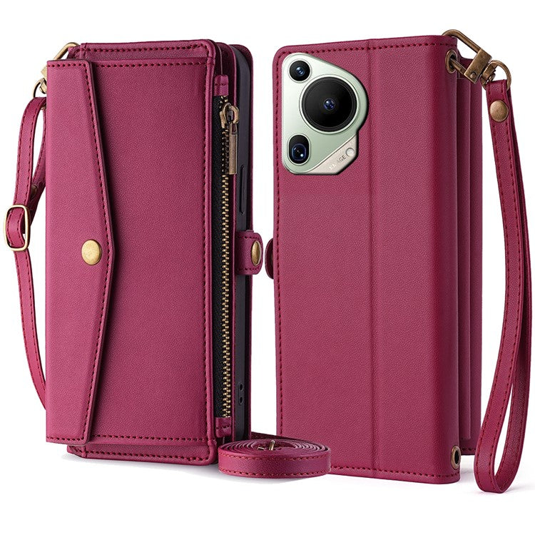 For Huawei Pura 70 Ultra Cell Phone Case Zipper Pocket Leather Wallet Stand Cover with 2 Straps - Red