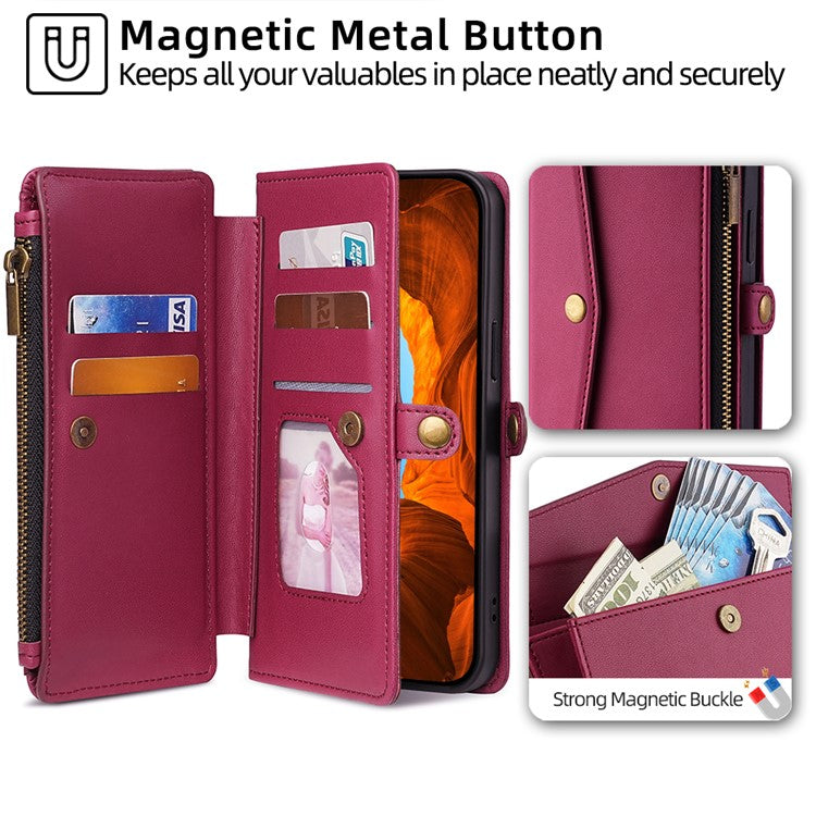 For Huawei Pura 70 Ultra Cell Phone Case Zipper Pocket Leather Wallet Stand Cover with 2 Straps - Red