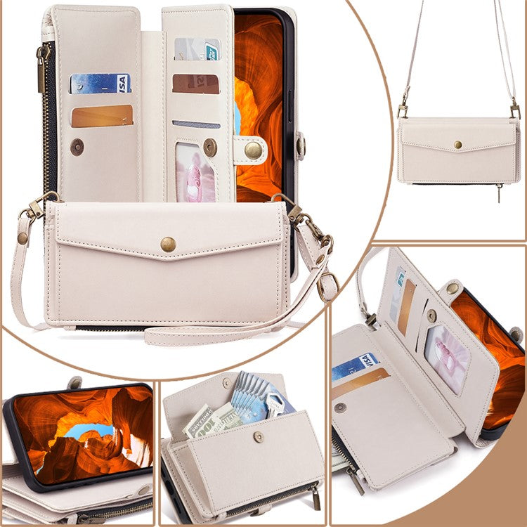 For Huawei Pura 70 Ultra Cell Phone Case Zipper Pocket Leather Wallet Stand Cover with 2 Straps - White