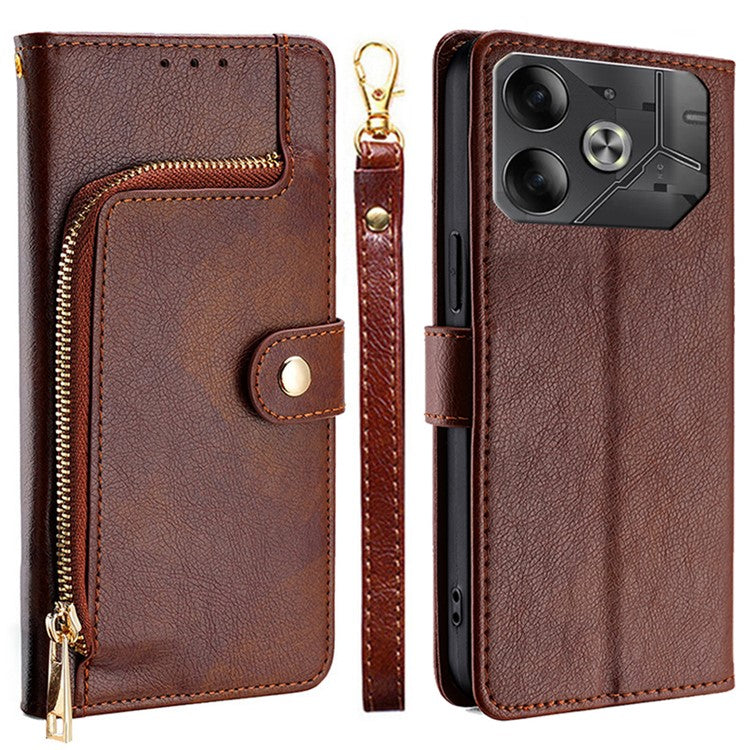 For TECNO Pova 6 5G Case Shockproof Magnetic Clasp Leather Phone Shell with Zipper Pocket - Brown