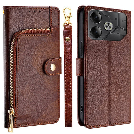 For TECNO Pova 6 5G Case Shockproof Magnetic Clasp Leather Phone Shell with Zipper Pocket - Brown