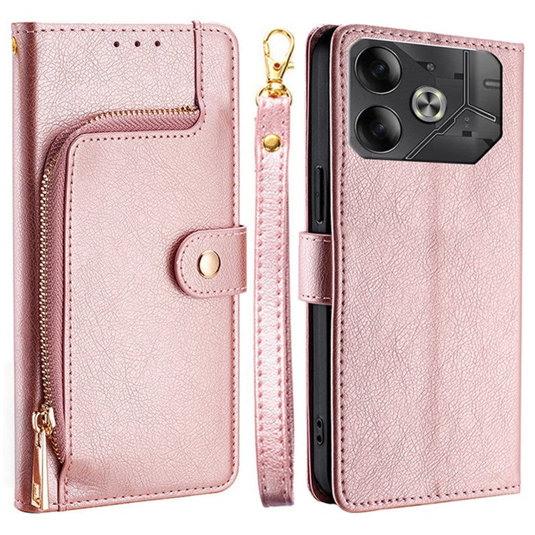 For TECNO Pova 6 5G Case Shockproof Magnetic Clasp Leather Phone Shell with Zipper Pocket - Rose Gold