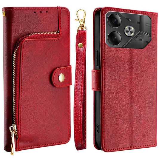For TECNO Pova 6 5G Case Shockproof Magnetic Clasp Leather Phone Shell with Zipper Pocket - Red