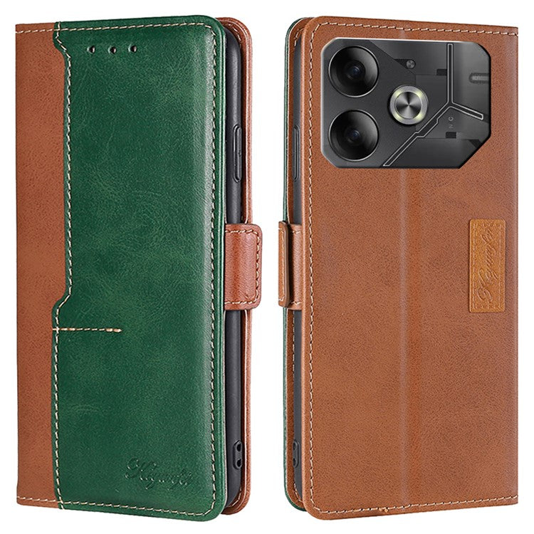 For TECNO Pova 6 5G Leather Wallet Dual Color Splicing Case Phone Cover - Light Brown+Green