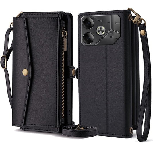 For TECNO Pova 6 5G Mobile Phone Case Card Holder Zipper Wallet Leather Cover with 2 Straps - Black