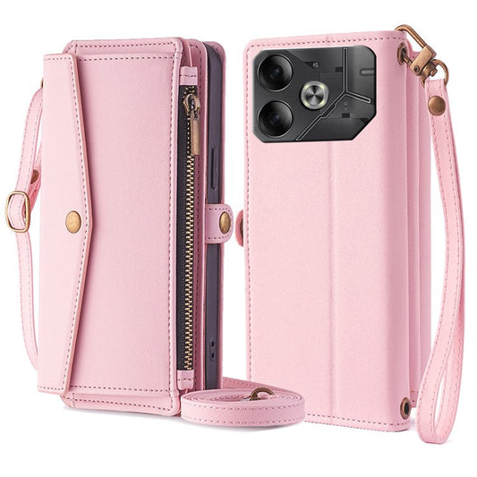 For TECNO Pova 6 5G Mobile Phone Case Card Holder Zipper Wallet Leather Cover with 2 Straps - Pink