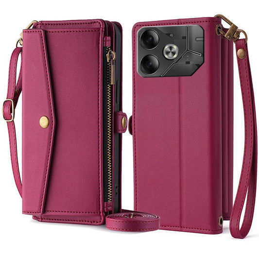 For TECNO Pova 6 5G Mobile Phone Case Card Holder Zipper Wallet Leather Cover with 2 Straps - Red