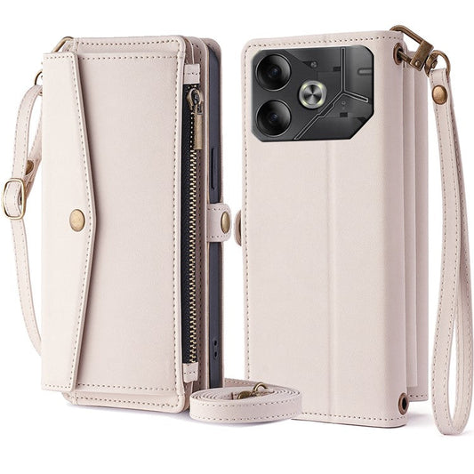 For TECNO Pova 6 5G Mobile Phone Case Card Holder Zipper Wallet Leather Cover with 2 Straps - White
