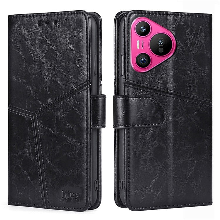 For Huawei Pura 70 Leather Case Geometric Splicing Phone Cover with Wallet Card Slots - Black