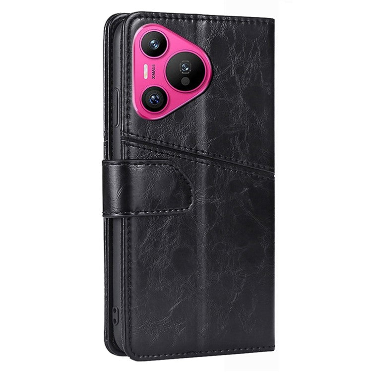 For Huawei Pura 70 Leather Case Geometric Splicing Phone Cover with Wallet Card Slots - Black