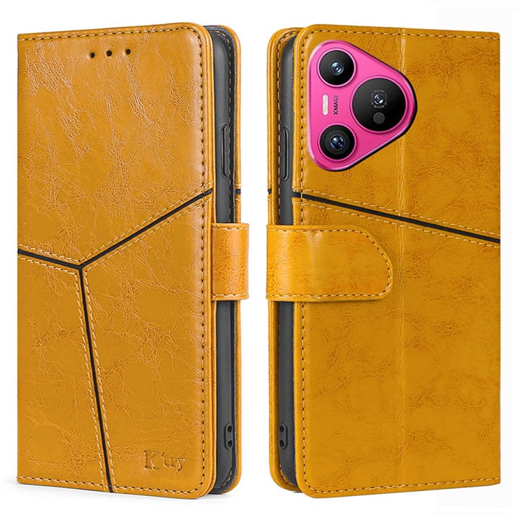 For Huawei Pura 70 Leather Case Geometric Splicing Phone Cover with Wallet Card Slots - Yellow
