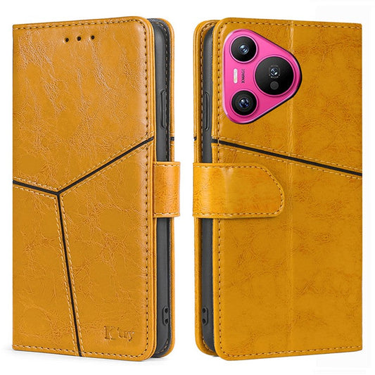For Huawei Pura 70 Leather Case Geometric Splicing Phone Cover with Wallet Card Slots - Yellow