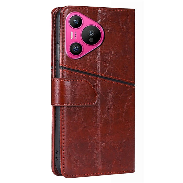 For Huawei Pura 70 Leather Case Geometric Splicing Phone Cover with Wallet Card Slots - Dark Brown