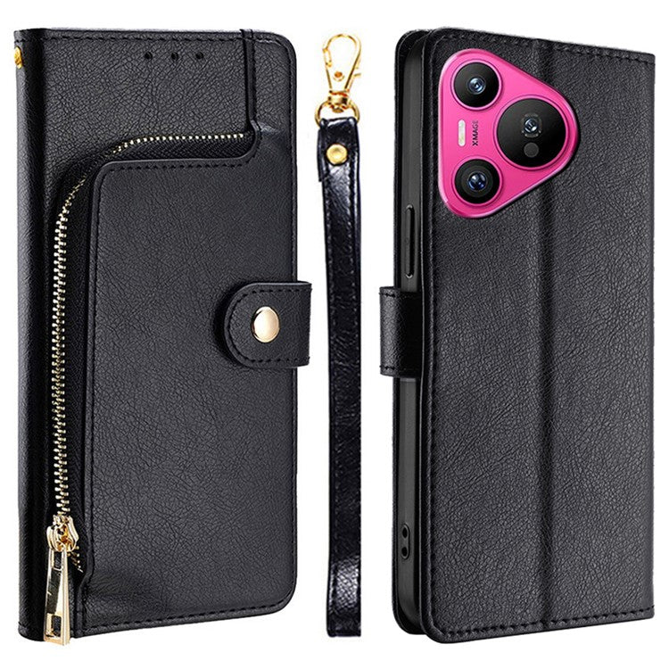 For Huawei Pura 70 Case Zipper Pocket Magnetic Clasp Leather Cell Phone Cover - Black