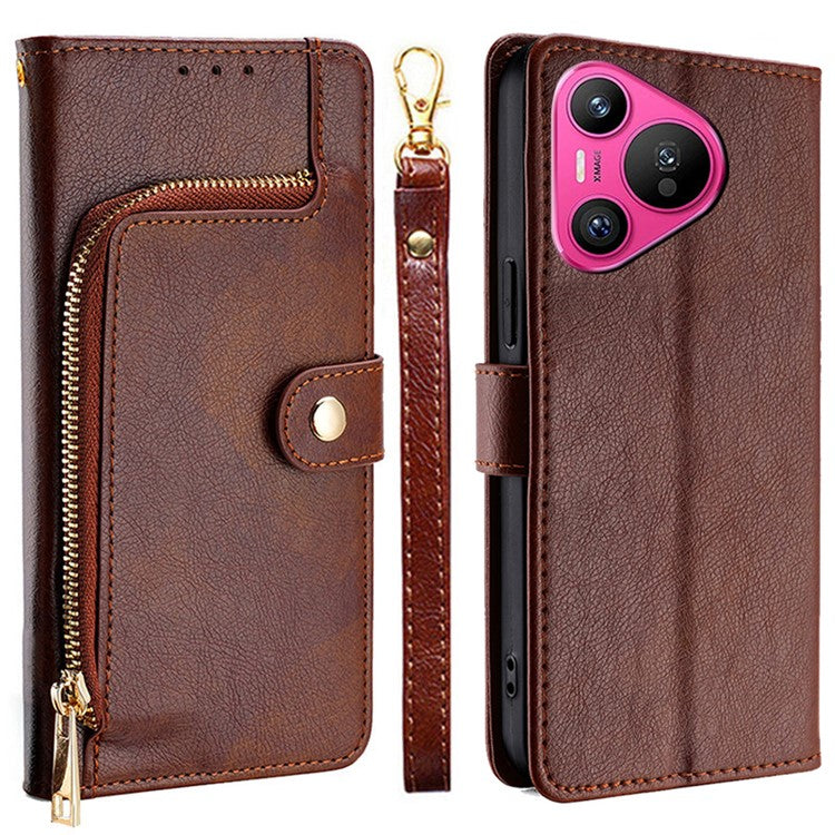 For Huawei Pura 70 Case Zipper Pocket Magnetic Clasp Leather Cell Phone Cover - Brown