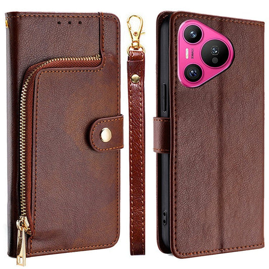For Huawei Pura 70 Case Zipper Pocket Magnetic Clasp Leather Cell Phone Cover - Brown