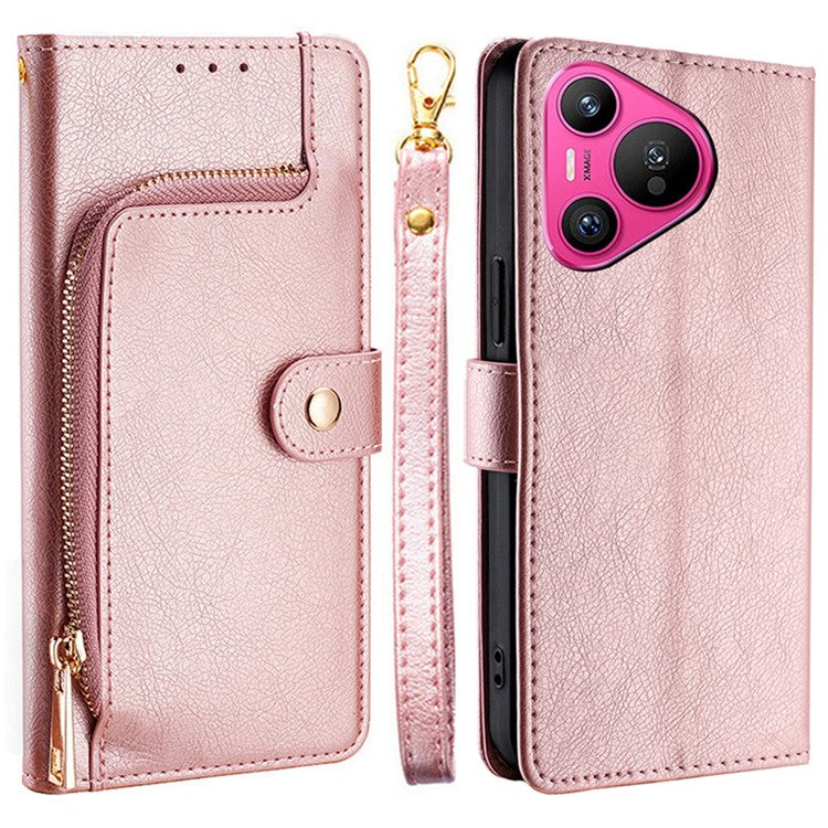 For Huawei Pura 70 Case Zipper Pocket Magnetic Clasp Leather Cell Phone Cover - Rose Gold