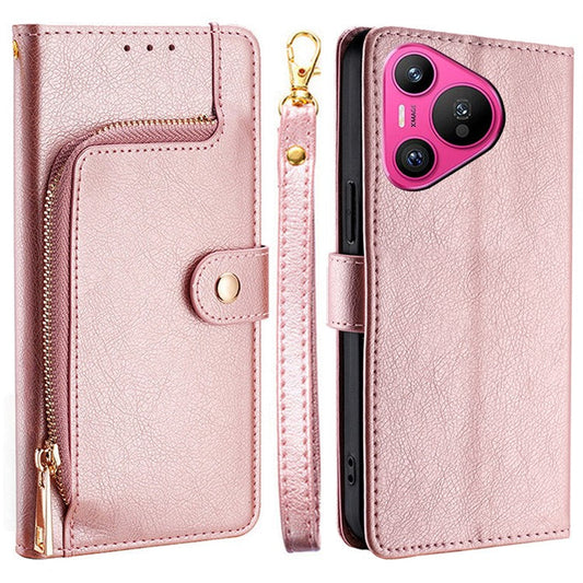 For Huawei Pura 70 Case Zipper Pocket Magnetic Clasp Leather Cell Phone Cover - Rose Gold