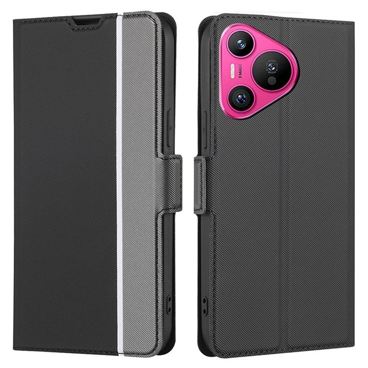 For Huawei Pura 70 Case Twill Texture Leather Drop-Resistant Folio Flip Stand Phone Cover - Black