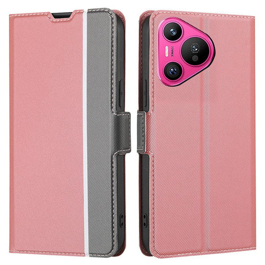 For Huawei Pura 70 Case Twill Texture Leather Drop-resistant Folio Flip Stand Phone Cover - Pink