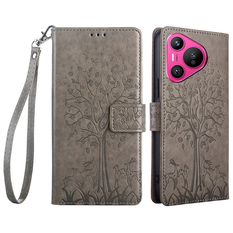 For Huawei Pura 70 Case PU Leather Wallet Phone Cover Tree Deer Imprinted - Grey
