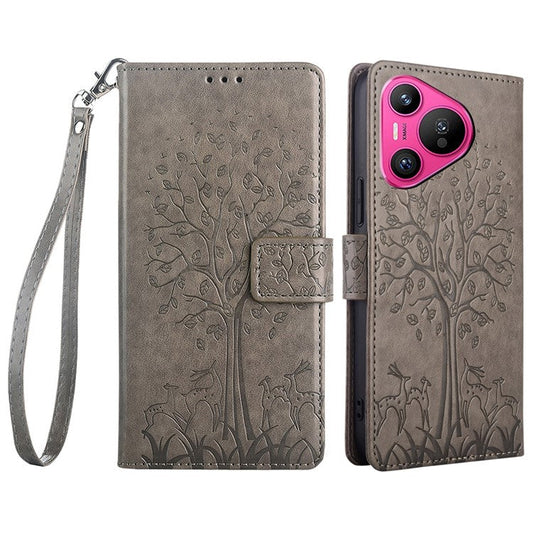 For Huawei Pura 70 Case PU Leather Wallet Phone Cover Tree Deer Imprinted - Grey